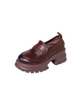 Retro Leather Wide Toe Box Platform Chunky Loafers