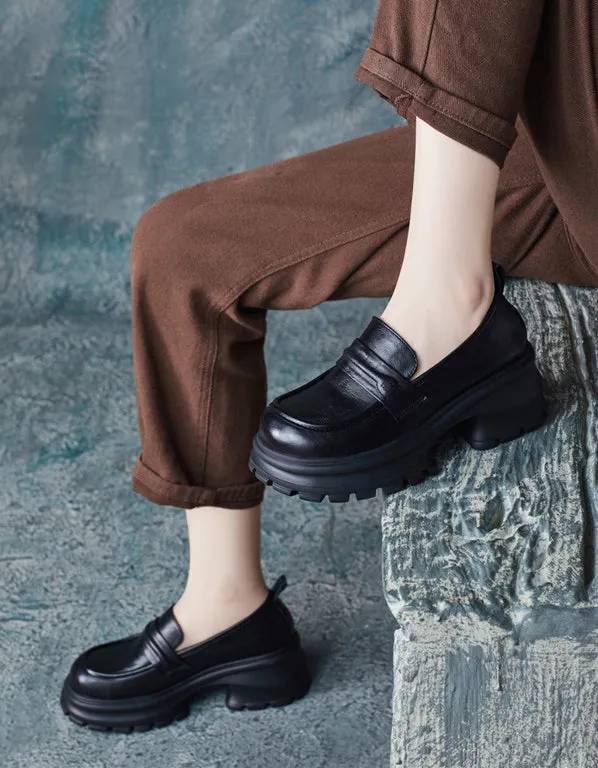 Retro Leather Wide Toe Box Platform Chunky Loafers