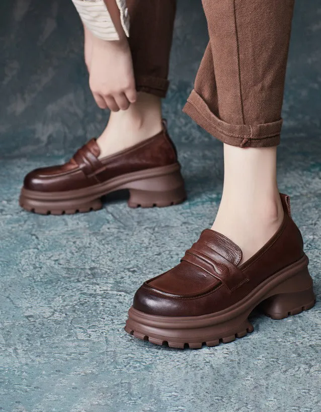 Retro Leather Wide Toe Box Platform Chunky Loafers