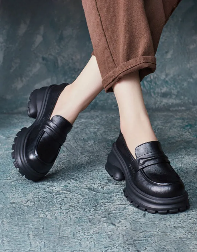 Retro Leather Wide Toe Box Platform Chunky Loafers