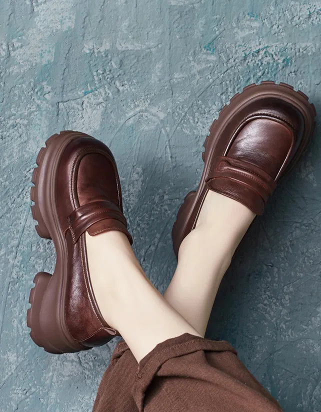 Retro Leather Wide Toe Box Platform Chunky Loafers