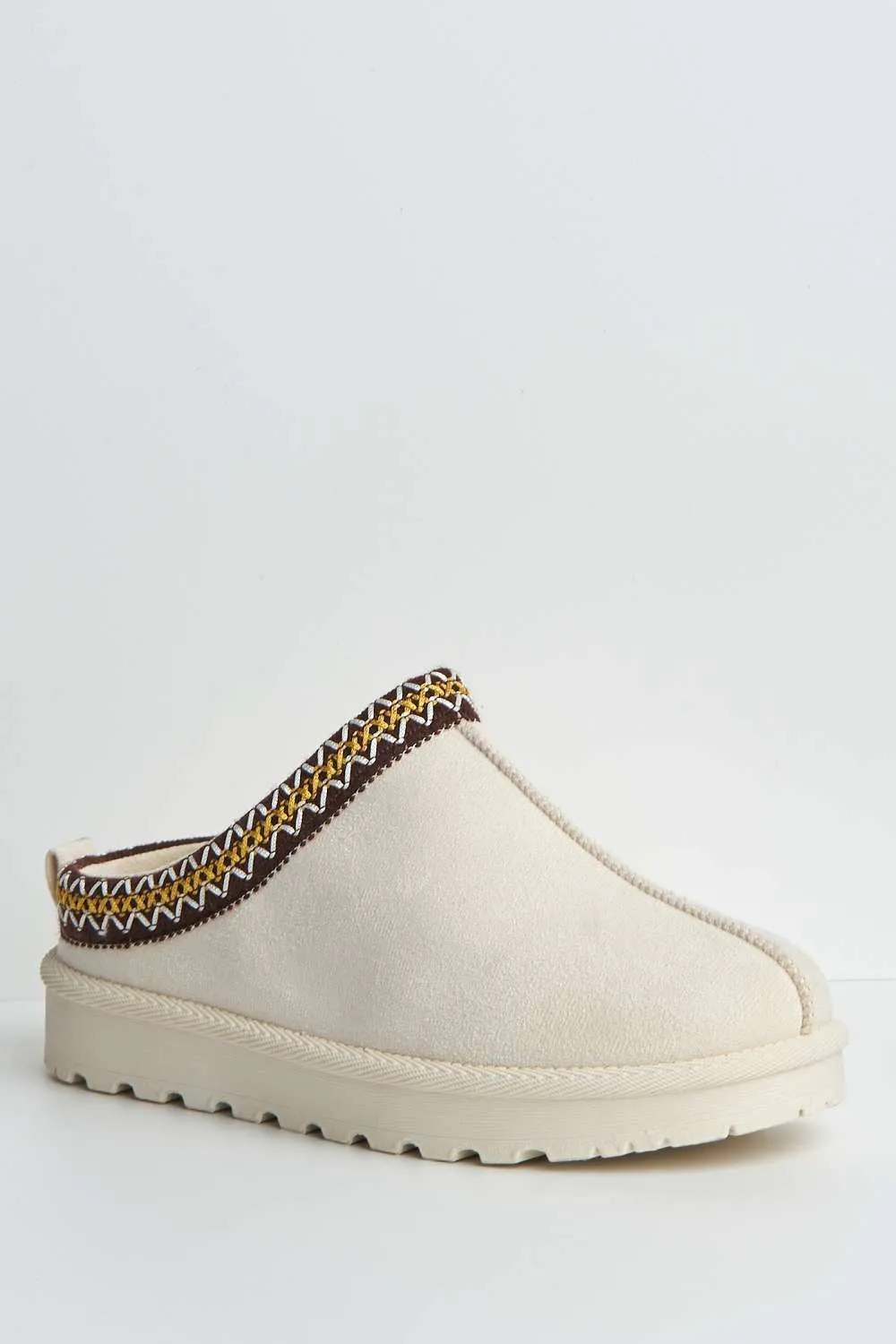 Sigrid Embroidered Faux Fur Lining Slippers in Beige