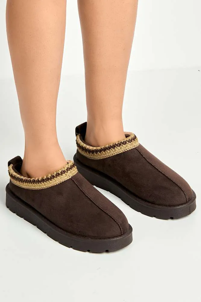 Sigrid Embroidered Faux Fur Lining Slippers in Brown