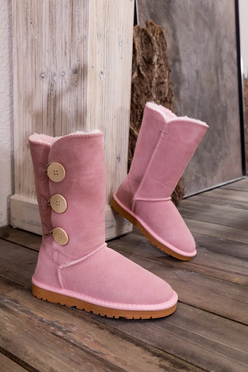 SMAIBULUN Ugg | Side Button Faux Fur-Lined Leather Suede Boots - pink
