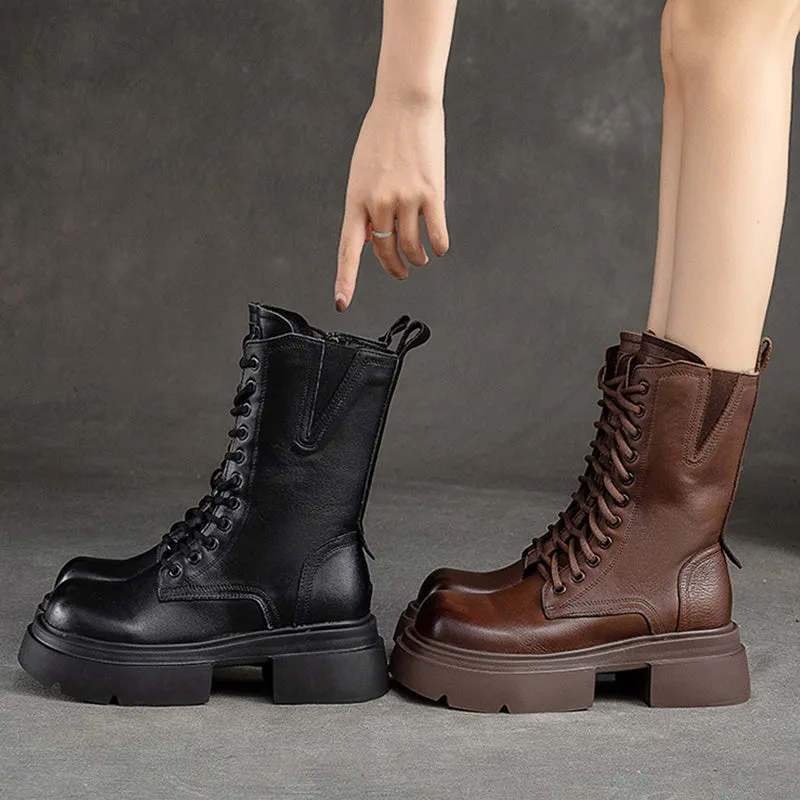 Women Retro Classic Leather Platform Mid-Calf Boots