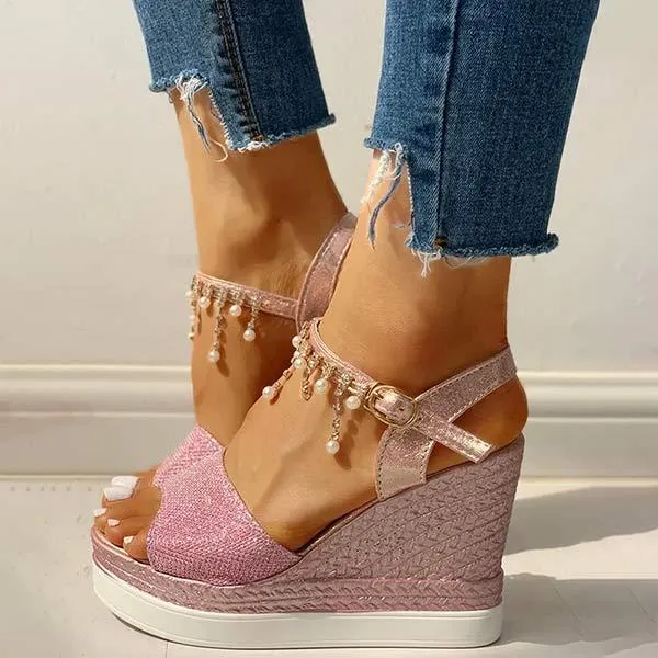 Women'S Beaded Stud Wedge Sandals 99257059C