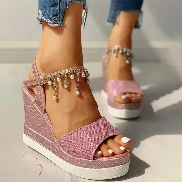 Women'S Beaded Stud Wedge Sandals 99257059C