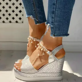 Women'S Beaded Stud Wedge Sandals 99257059C