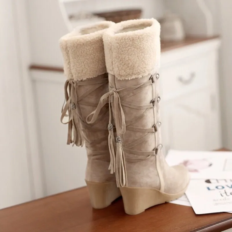 Women's knee high wedge snow boots back lace sweater boots