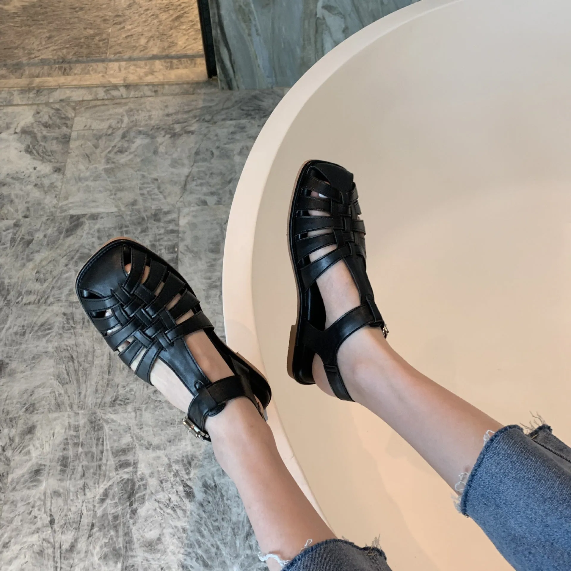 xiangtuibao  Retro Woman Shoes Clear Heels Closed Toe Sandals Shallow Mouth Suit Female Beige  Summer Breathable Original Comfort Girls L