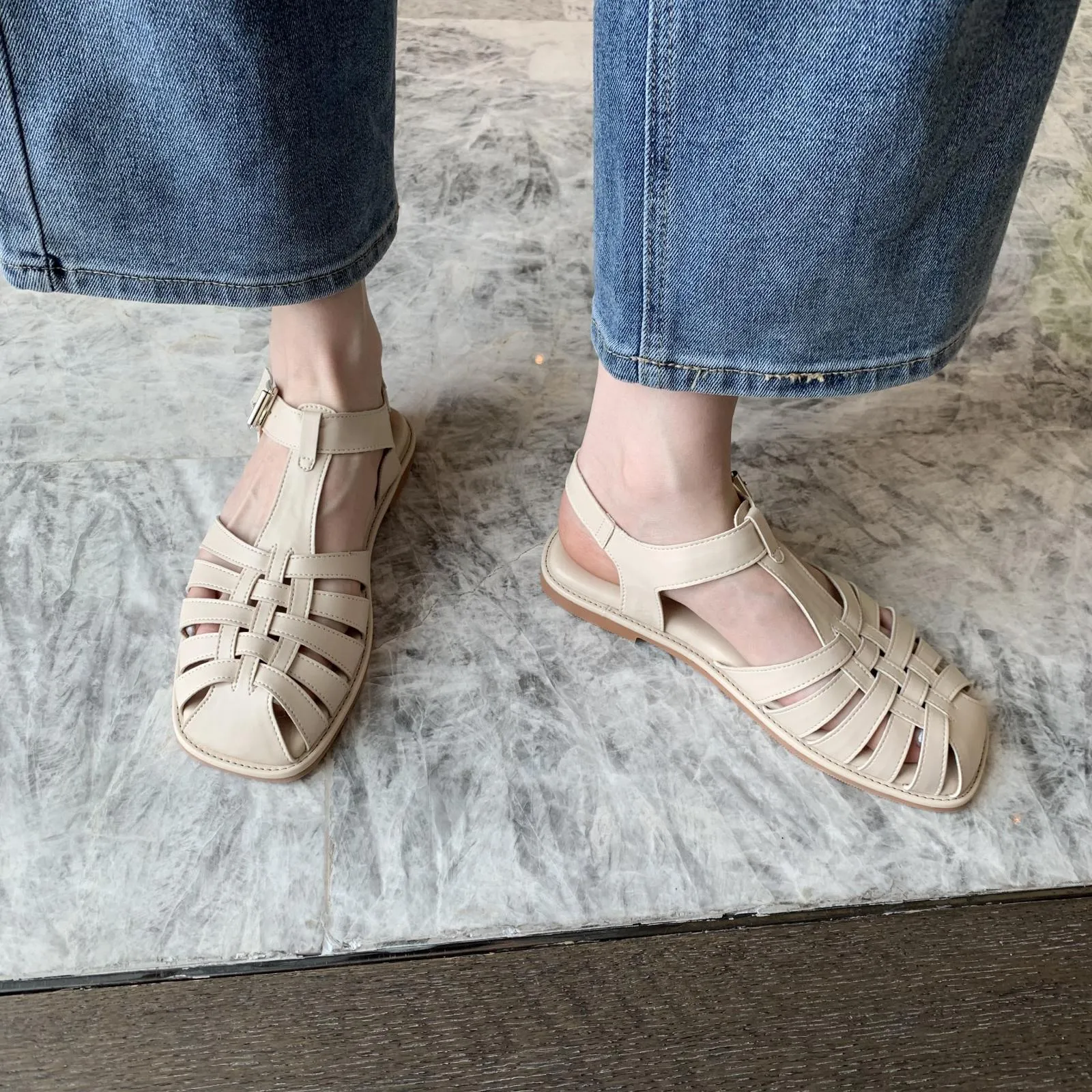 xiangtuibao  Retro Woman Shoes Clear Heels Closed Toe Sandals Shallow Mouth Suit Female Beige  Summer Breathable Original Comfort Girls L