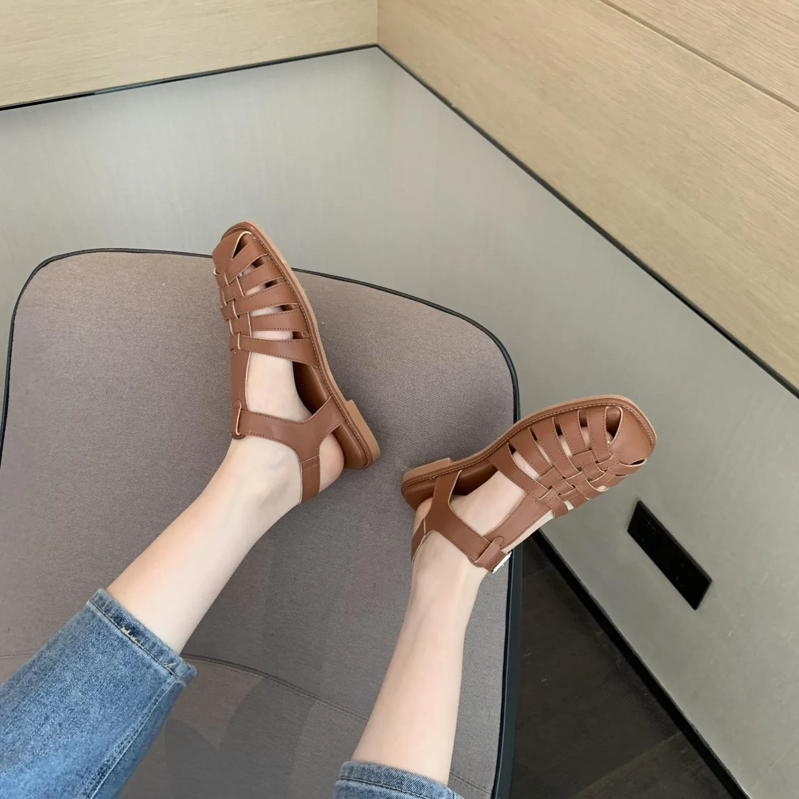 xiangtuibao  Retro Woman Shoes Clear Heels Closed Toe Sandals Shallow Mouth Suit Female Beige  Summer Breathable Original Comfort Girls L