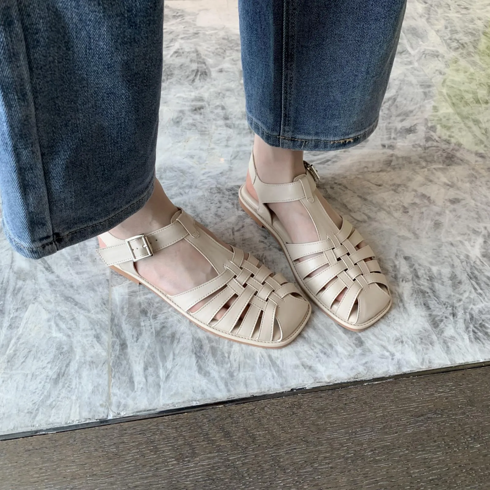 xiangtuibao  Retro Woman Shoes Clear Heels Closed Toe Sandals Shallow Mouth Suit Female Beige  Summer Breathable Original Comfort Girls L