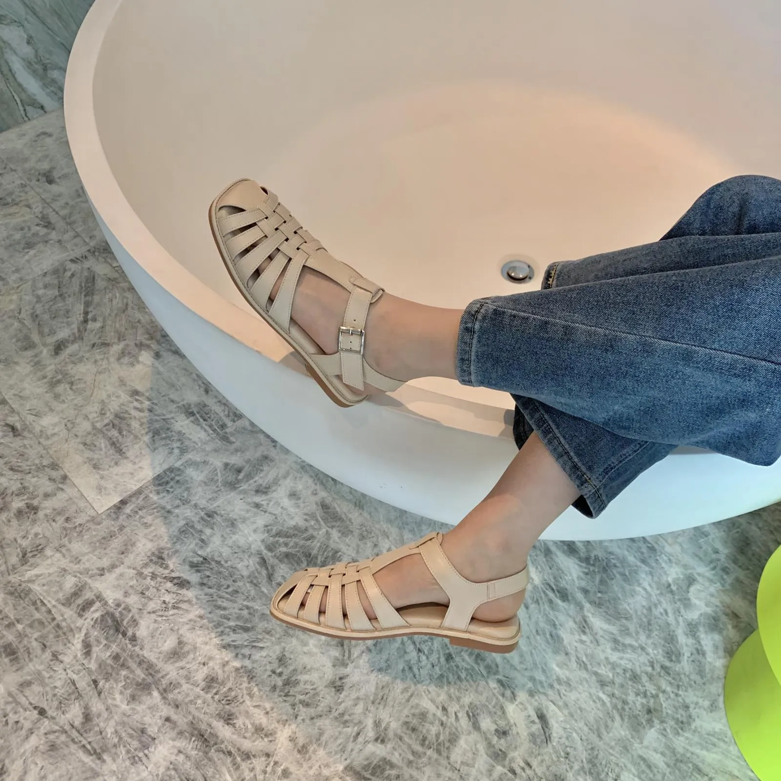 xiangtuibao  Retro Woman Shoes Clear Heels Closed Toe Sandals Shallow Mouth Suit Female Beige  Summer Breathable Original Comfort Girls L