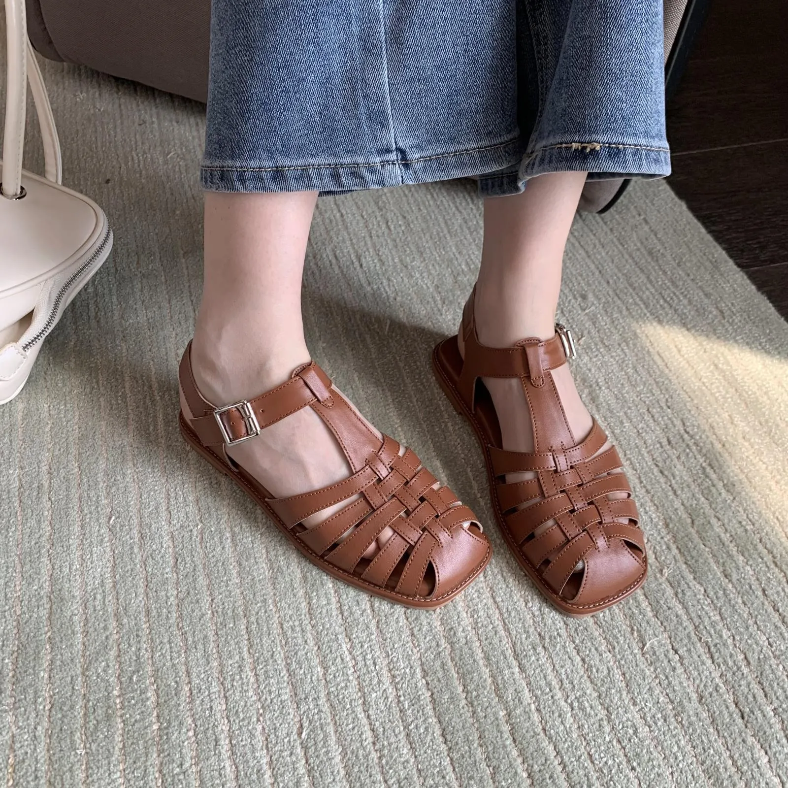 xiangtuibao  Retro Woman Shoes Clear Heels Closed Toe Sandals Shallow Mouth Suit Female Beige  Summer Breathable Original Comfort Girls L