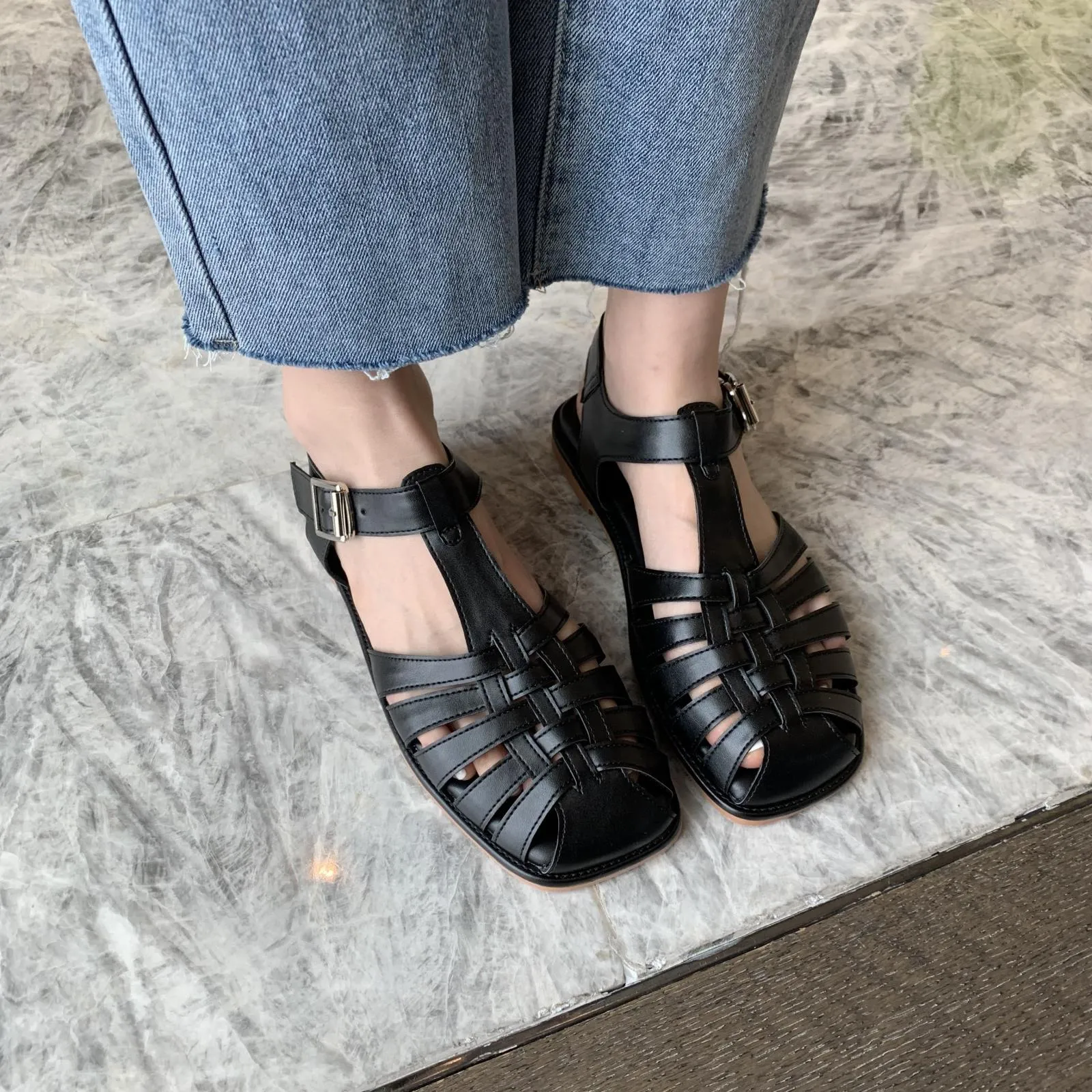 xiangtuibao  Retro Woman Shoes Clear Heels Closed Toe Sandals Shallow Mouth Suit Female Beige  Summer Breathable Original Comfort Girls L